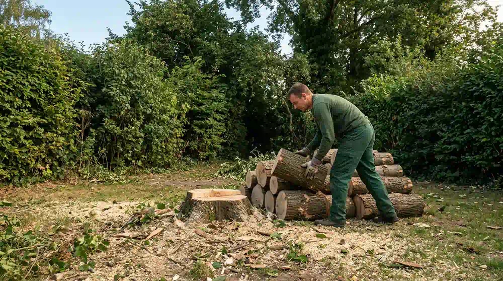 Stammstücke werden nach der Fällung gestapelt, Baumfällung in Potsdam von Pro Baumpflege Potsdam