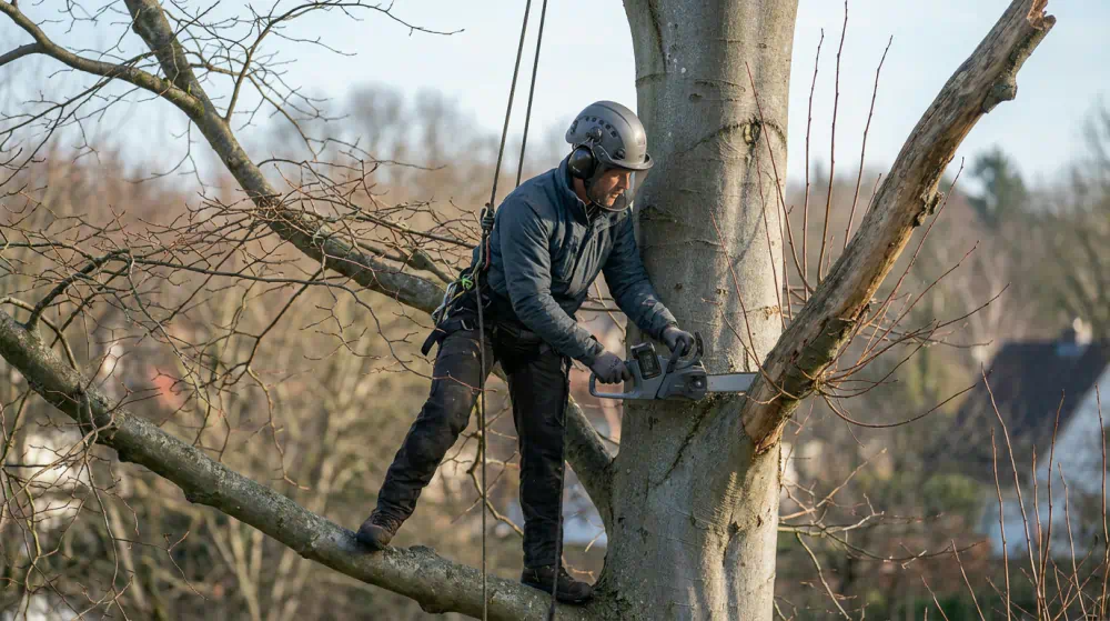 Baumkletterer mit heruntergeklapptem Visier sägt im Winter in der kahlen Krone eines Baums einen langen toten Ast direkt am Stamm ab, Baumfällung in Potsdam von Pro Baumpflege Potsdam