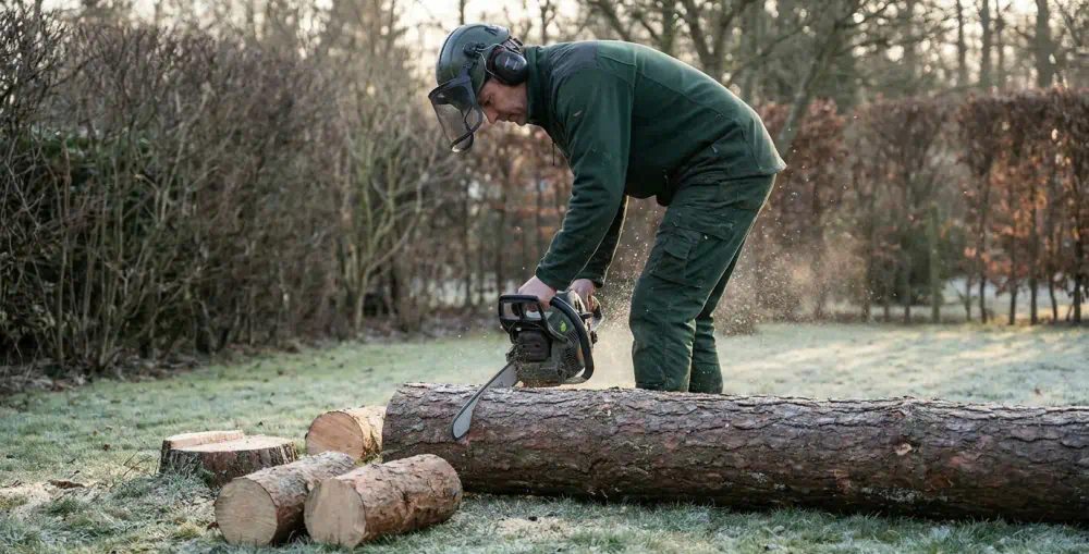 Baumfällung in Potsdam: Arbeiter sägt einen gefällten Kiefernstamm in Stücke – Pro Baumpflege Potsdam Arbeiter mit heruntergeklapptem Visier sägt im Winter einen gefällten Kiefernstamm auf dem Rasen in Stücke, Baumfällung in Potsdam von Pro Baumpflege Potsdam