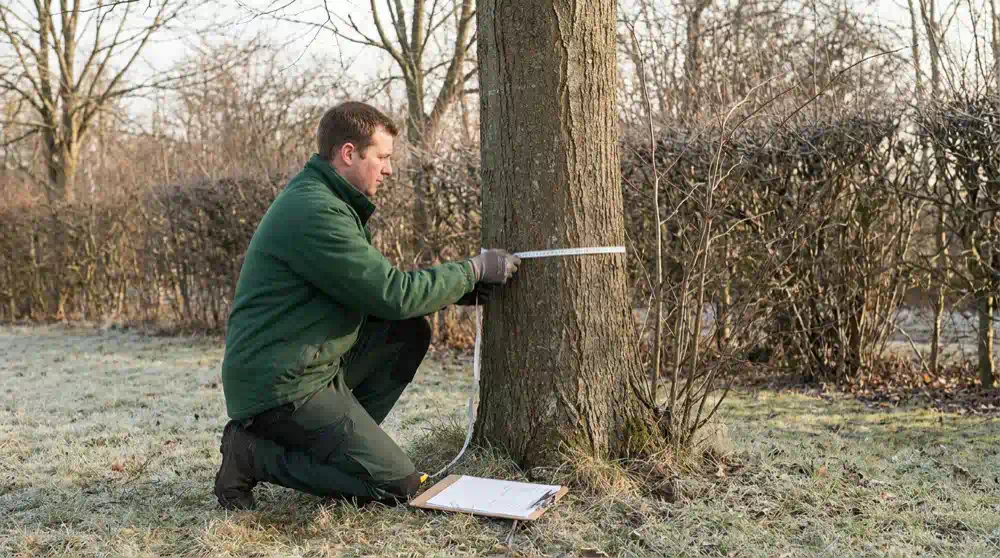 Baumpfleger misst im Winter mit dem Maßband den Stammumfang einer Linde, Baumschutz in Potsdam von Pro Baumpflege Potsdam