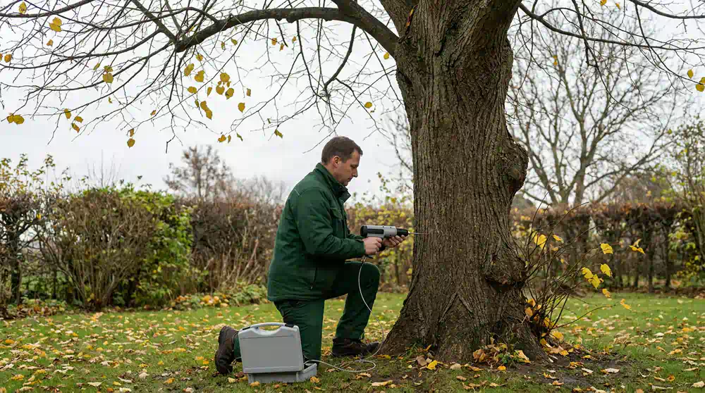 Baumgutachten in Potsdam: Bohrwiderstandsmessung am Stamm – Pro Baumpflege Potsdam Sachverständiger untersucht den Stamm einer alten Linde mit einem Bohrwiderstandsgerät, Baumgutachten in Potsdam von Pro Baumpflege Potsdam