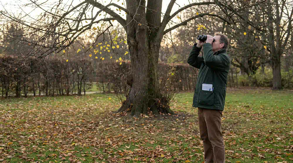 Sachverständiger betrachtet mit einem Fernglas die Krone einer alten Linde, Baumgutachten in Potsdam von Pro Baumpflege Potsdam