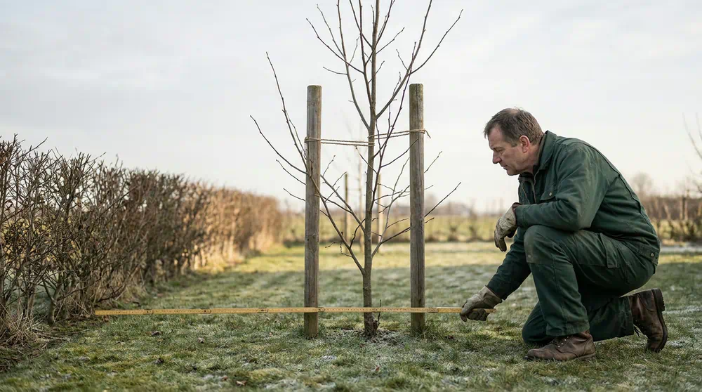 Baumpflanzung in Potsdam: Abstand zur Grundstücksgrenze messen – Pro Baumpflege Potsdam Baumpfleger misst mit einem Zollstock auf dem Rasen den Abstand zwischen einer jungen Linde und der Hecke, Baumpflanzung in Potsdam von Pro Baumpflege Potsdam
