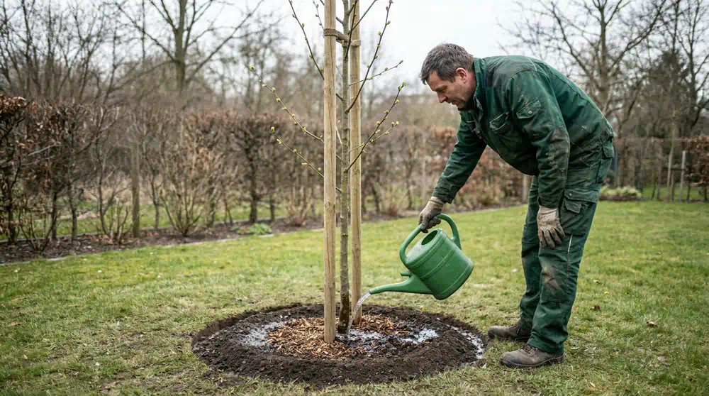 Baumpflanzung in Potsdam: Junge Linde mit Gießring wässern – Pro Baumpflege Potsdam Baumpfleger gießt eine frisch gepflanzte junge Linde mit Gießring und Mulch, Baumpflanzung in Potsdam von Pro Baumpflege Potsdam