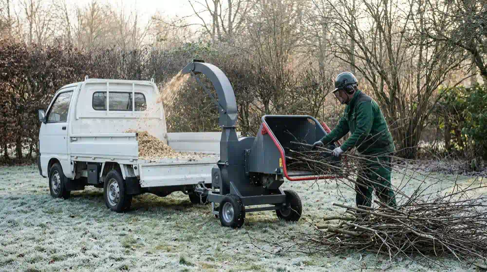 Arbeiter schiebt Astwerk in den Häcksler, die Hackschnitzel fallen direkt auf den Kleintransporter, Baumschnitt in Potsdam von Pro Baumpflege Potsdam