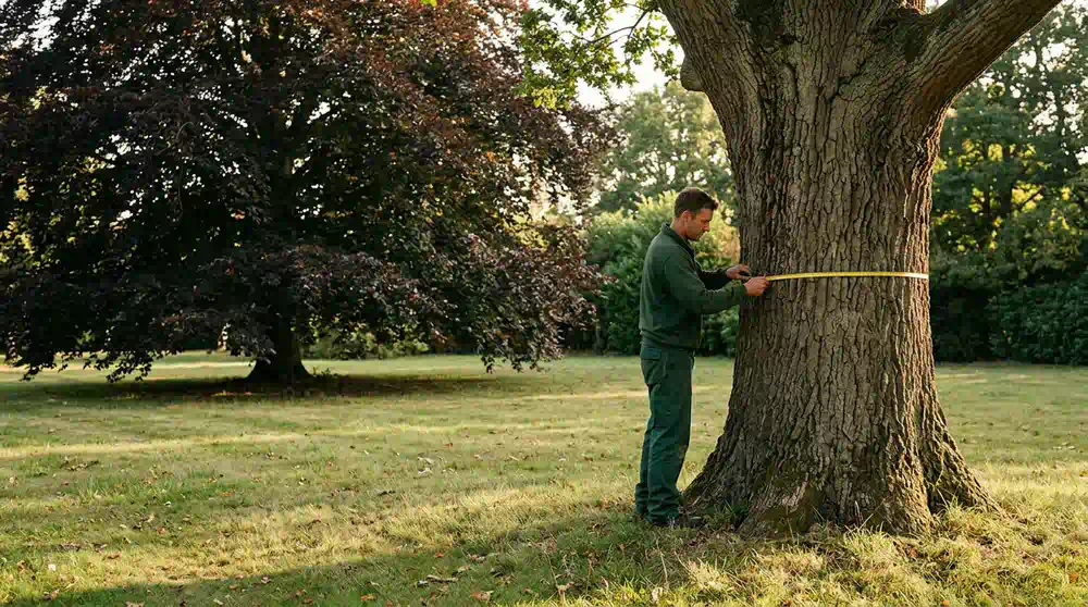 Baumschutz in Berlin: Alte Blutbuche und Eiche auf großer Rasenfläche – Pro Baumpflege Potsdam alte Blutbuche und Eiche auf großer Rasenfläche, Baumschutz in Berlin von Pro Baumpflege Potsdam