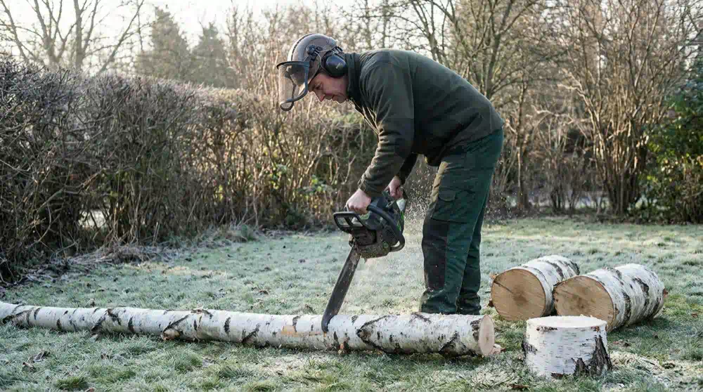 Arbeiter sägt im Winter einen liegenden Birkenstamm quer in Stücke, Baumfällung in Berlin von Pro Baumpflege Potsdam