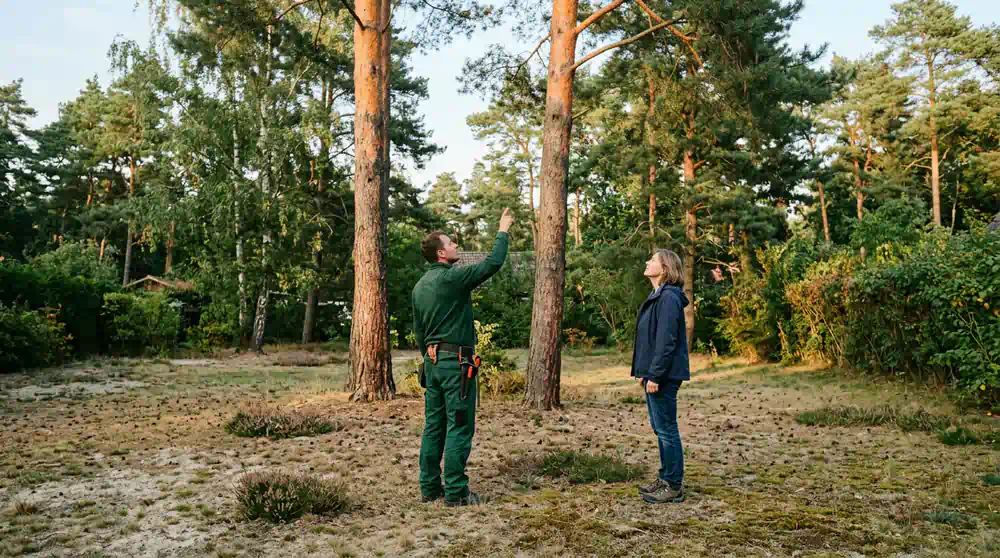 Baumpfleger und Kundin vor hohen Kiefern auf Sandboden, Baumpflege in Berlin von Pro Baumpflege Potsdam