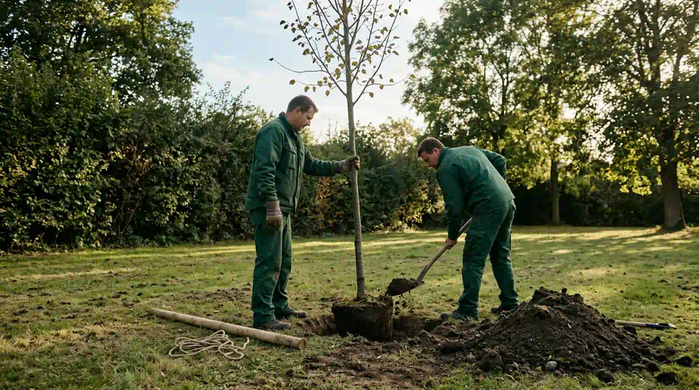 Zwei Arbeiter setzen eine junge Linde mit Ballen in das Pflanzloch, Baumpflanzung in Potsdam von Pro Baumpflege Potsdam