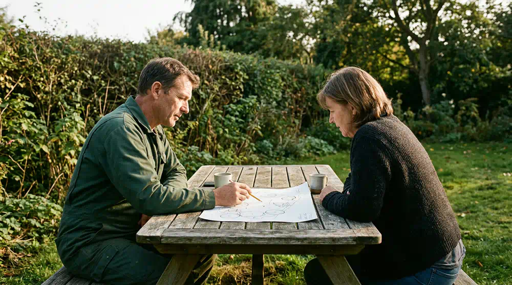 Baumpfleger und Hausbesitzerin besprechen am Gartentisch eine Skizze mit Baumkreisen, Fällgenehmigung in Potsdam von Pro Baumpflege Potsdam