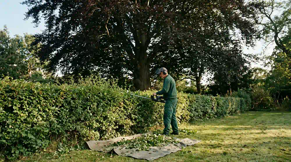 Heckenschnitt in Potsdam: Gärtner schneidet eine Ligusterhecke unter einer Blutbuche – Pro Baumpflege Potsdam Gärtner schneidet eine Ligusterhecke unter einer Blutbuche, Heckenschnitt in Potsdam von Pro Baumpflege Potsdam