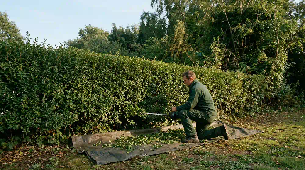 Gärtner schneidet den Fuß einer Ligusterhecke, Heckenschnitt in Potsdam von Pro Baumpflege Potsdam