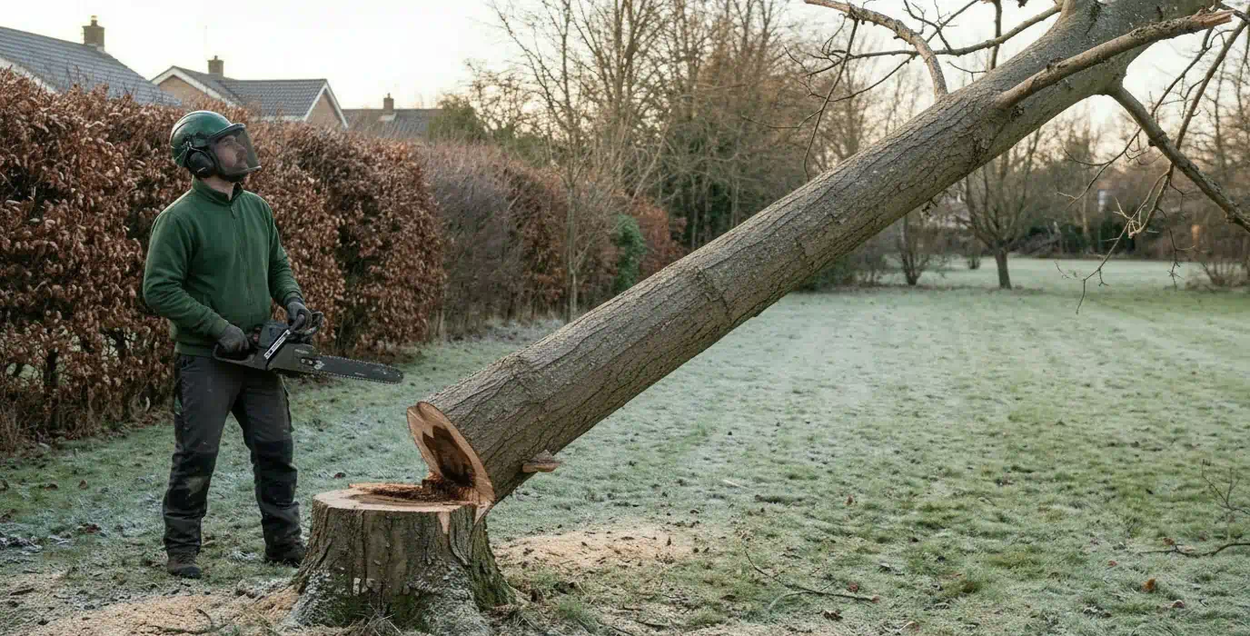 Baumpfleger mit heruntergeklapptem Visier sieht einem geschwächten Ahorn nach, der nach dem Fällschnitt in den Garten fällt, Baumfällung in Potsdam von Pro Baumpflege Potsdam