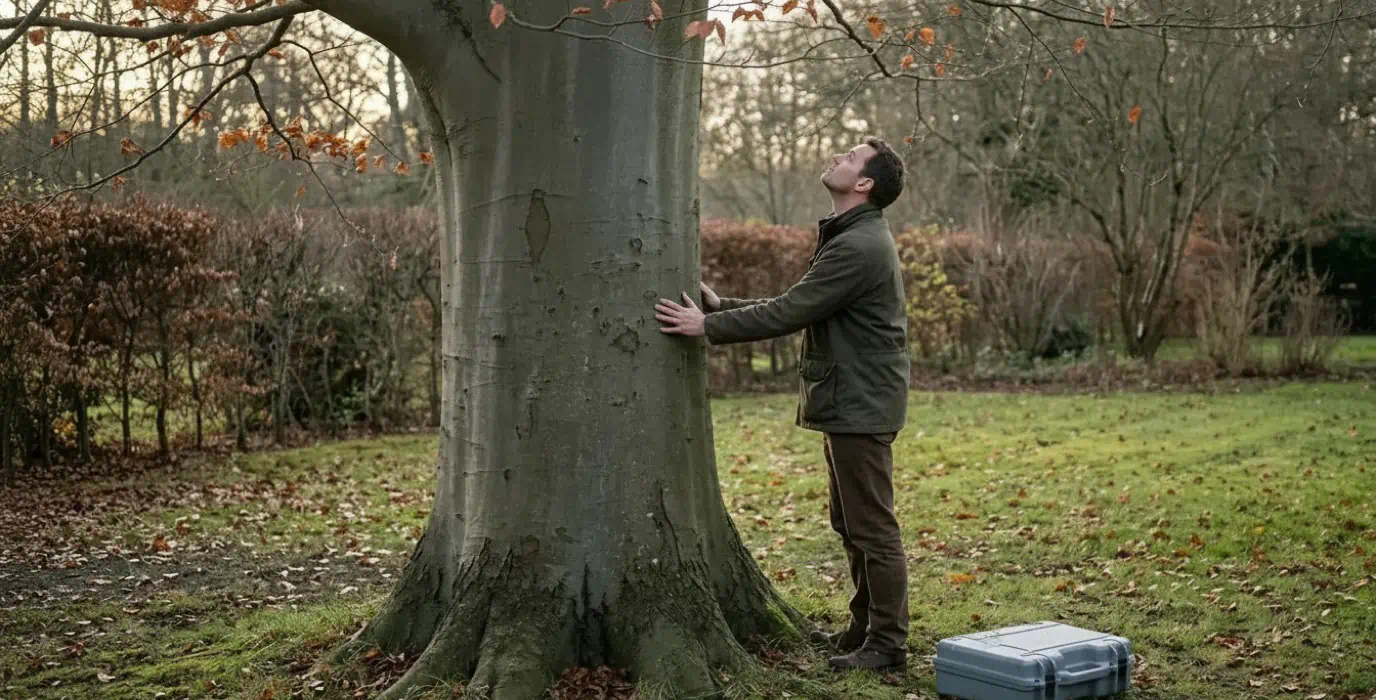 Baumsachverständiger legt die Hand an den Stamm einer alten Buche und sieht prüfend in die Krone, Baumgutachten in Potsdam von Pro Baumpflege Potsdam