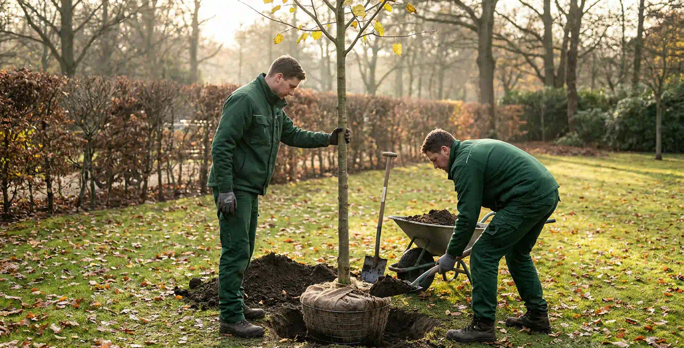 Baumpflanzung in Potsdam: Zwei Baumpfleger setzen eine junge Linde – Pro Baumpflege Potsdam Zwei Baumpfleger setzen im Herbst eine junge Linde mit Wurzelballen in ein Pflanzloch, Baumpflanzung in Potsdam von Pro Baumpflege Potsdam