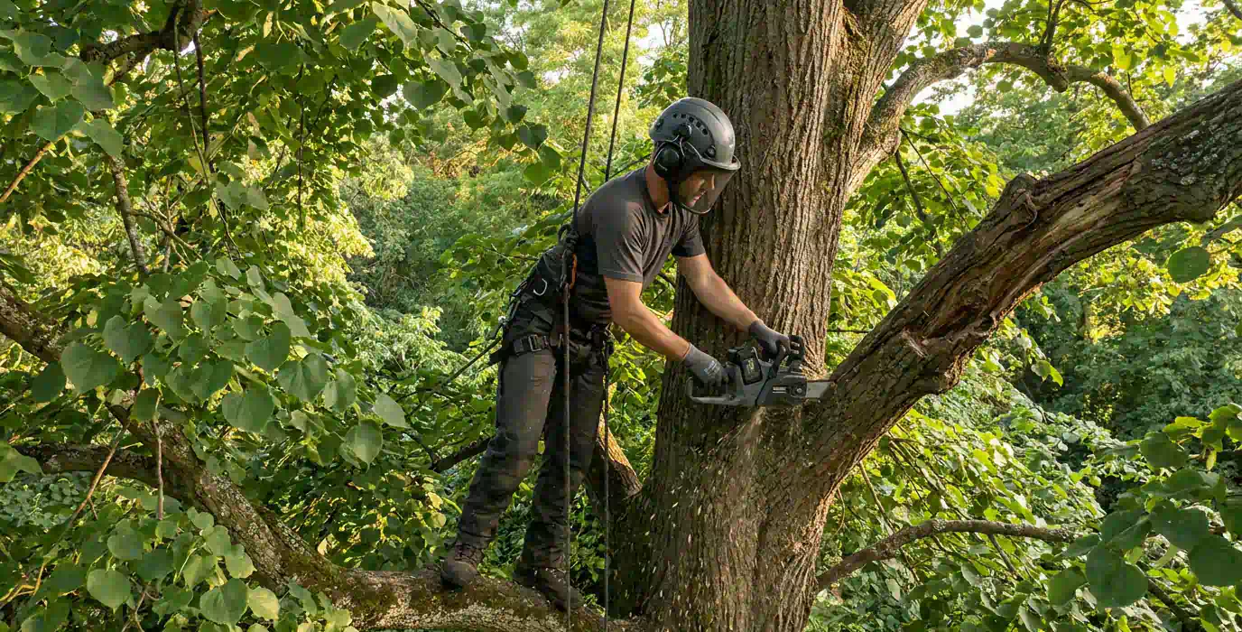 Baumpflege in Potsdam: Baumkletterer sägt einen morschen Ast an einer Linde ab – Pro Baumpflege Potsdam Baumkletterer mit heruntergeklapptem Visier steht auf einem Seitenast einer Linde und sägt einen morschen Ast direkt am Stamm ab, Baumpflege in Potsdam von Pro Baumpflege Potsdam