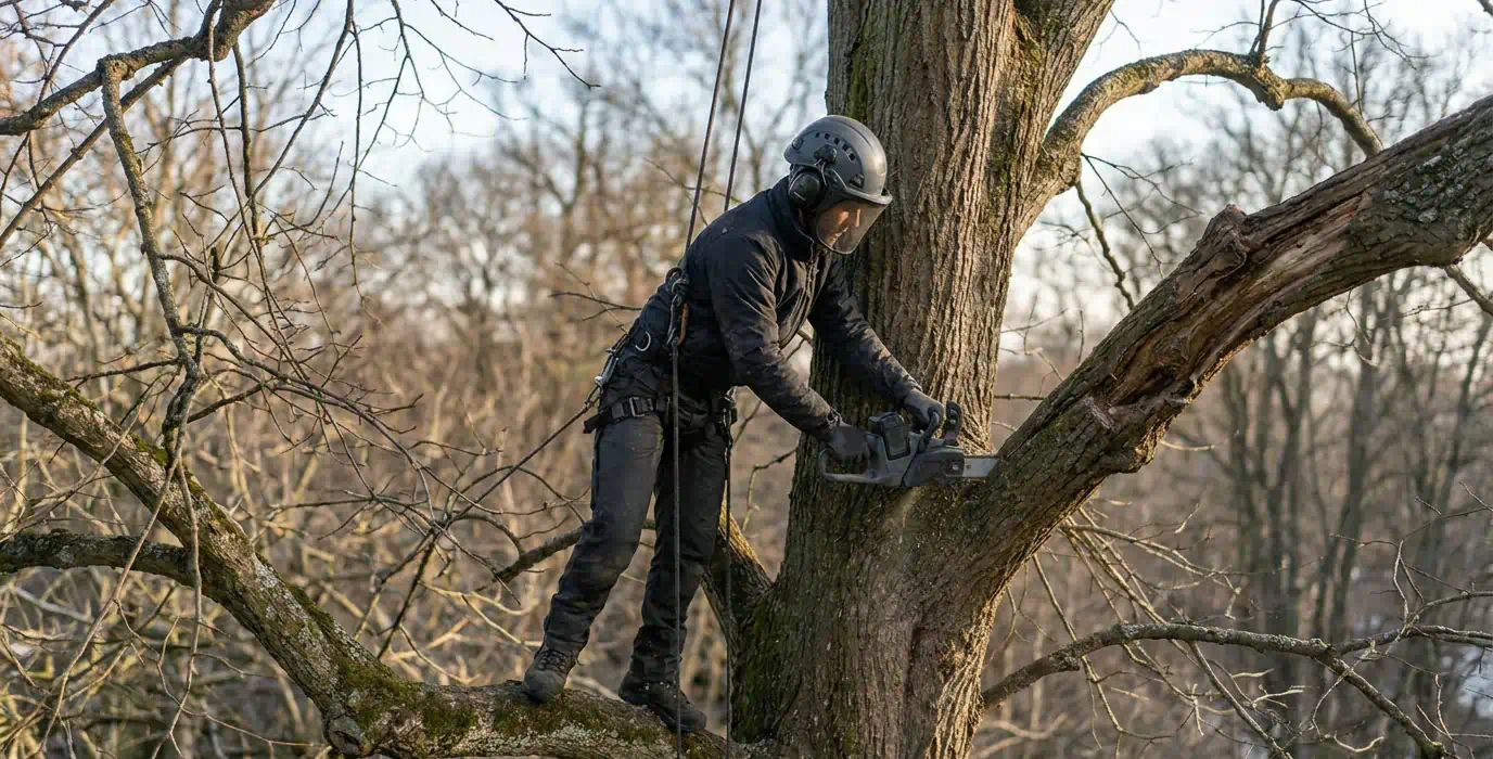 Baumschnitt in Potsdam: Baumkletterer sägt im Winter einen toten Ast ab – Pro Baumpflege Potsdam Baumkletterer mit heruntergeklapptem Visier steht im Winter auf einem Seitenast eines alten Ahorns und sägt einen toten Ast direkt am Stamm ab, Baumschnitt in Potsdam von Pro Baumpflege Potsdam
