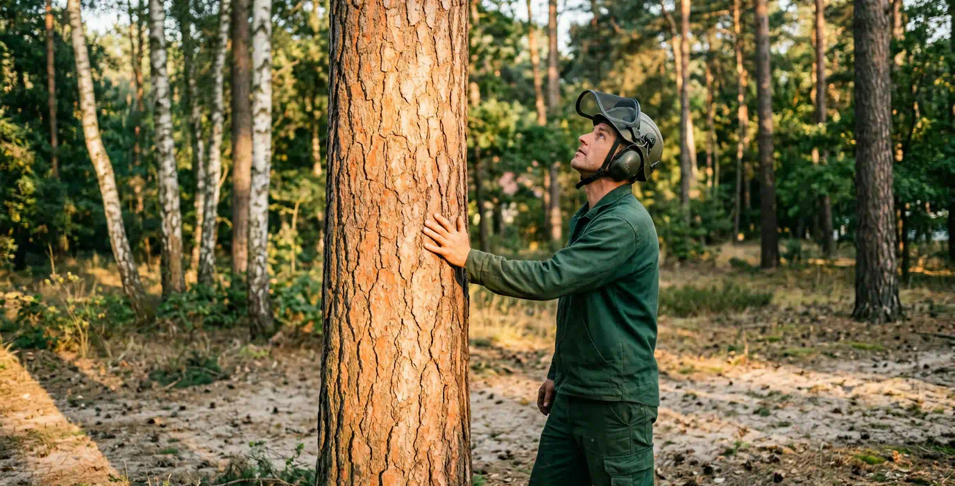 Baumpflege in Berlin: Baumpfleger prüft eine hohe Kiefer auf Sandboden – Pro Baumpflege Potsdam Baumpfleger mit Helm legt die Hand an eine hohe Kiefer auf Sandboden und blickt in die Krone, Baumpflege in Berlin von Pro Baumpflege Potsdam