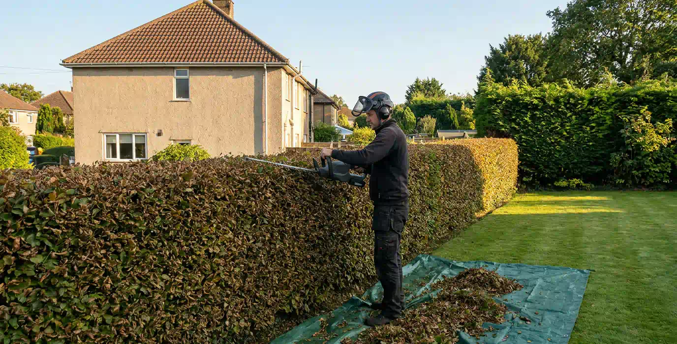 Gärtner schneidet eine Buchenhecke im Garten hinter dem Haus, Heckenschnitt in Potsdam von Pro Baumpflege Potsdam