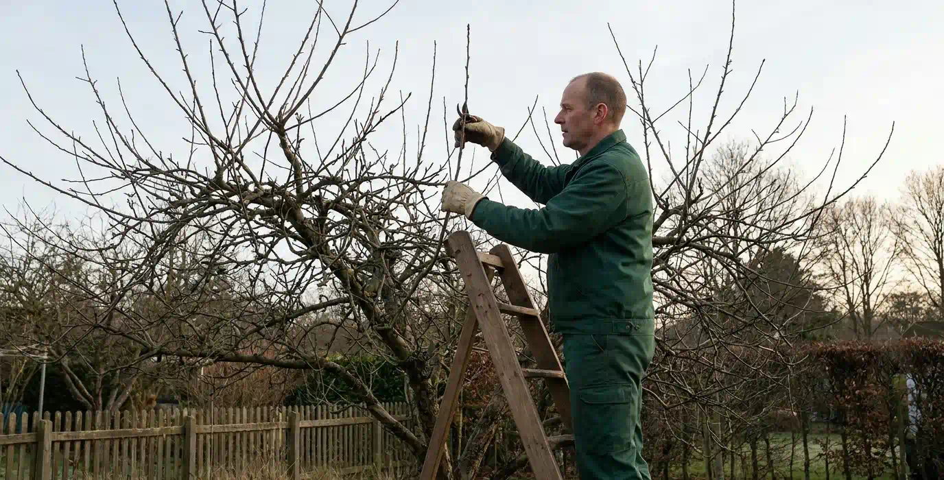 Baumpfleger schneidet im Winter von der Holzleiter aus mit der Gartenschere einen Trieb im kahlen Apfelbaum, Obstbaumschnitt in Potsdam von Pro Baumpflege Potsdam