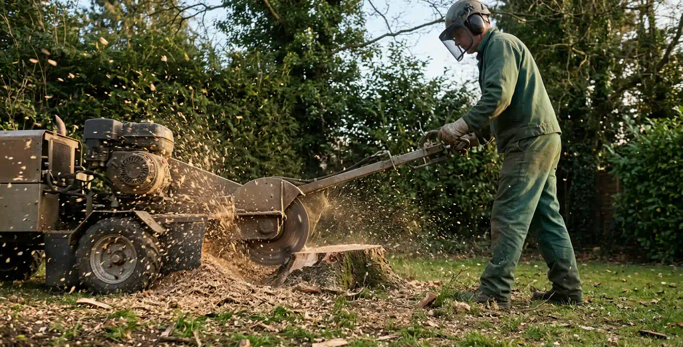 Stubben fräsen in Potsdam: Stubbenfräse zerspant einen Baumstumpf im Garten – Pro Baumpflege Potsdam Stubbenfräse zerspant einen Baumstumpf im Garten, Stubben fräsen in Potsdam von Pro Baumpflege Potsdam
