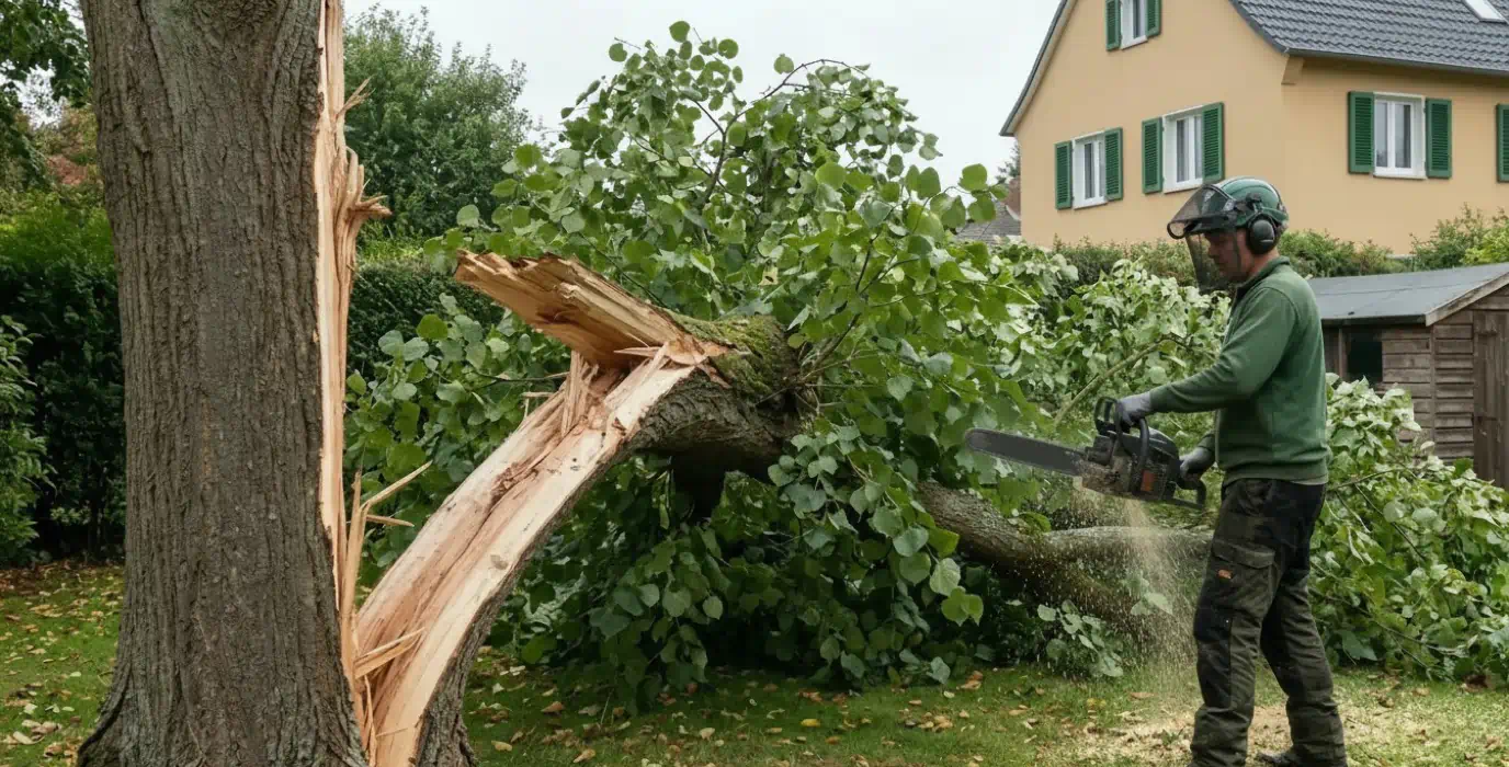 Sturmschaden in Potsdam: Baumpfleger zersägt einen ausgebrochenen Lindenstämmling – Pro Baumpflege Potsdam Baumpfleger mit heruntergeklapptem Visier und Motorsäge an einem vom Sturm aus einer Linde gebrochenen Stämmling im Garten, Sturmschaden in Potsdam beseitigen mit Pro Baumpflege Potsdam