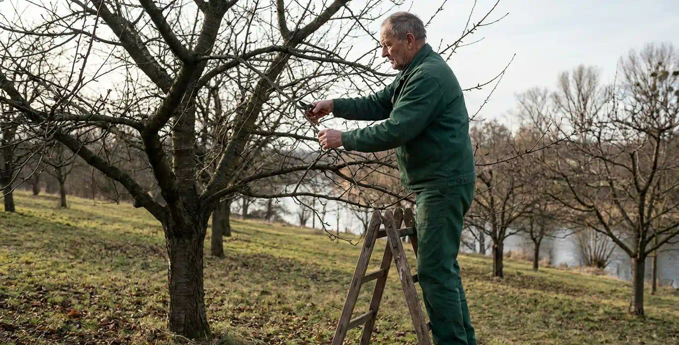 Baumpflege in Werder (Havel): Baumpfleger schneidet im Winter einen kahlen Kirschbaum – Pro Baumpflege Potsdam Baumpfleger schneidet im Winter mit der Gartenschere einen Trieb im kahlen Kirschbaum auf der Obstwiese, Obstbaumschnitt in Werder (Havel) von Pro Baumpflege Potsdam