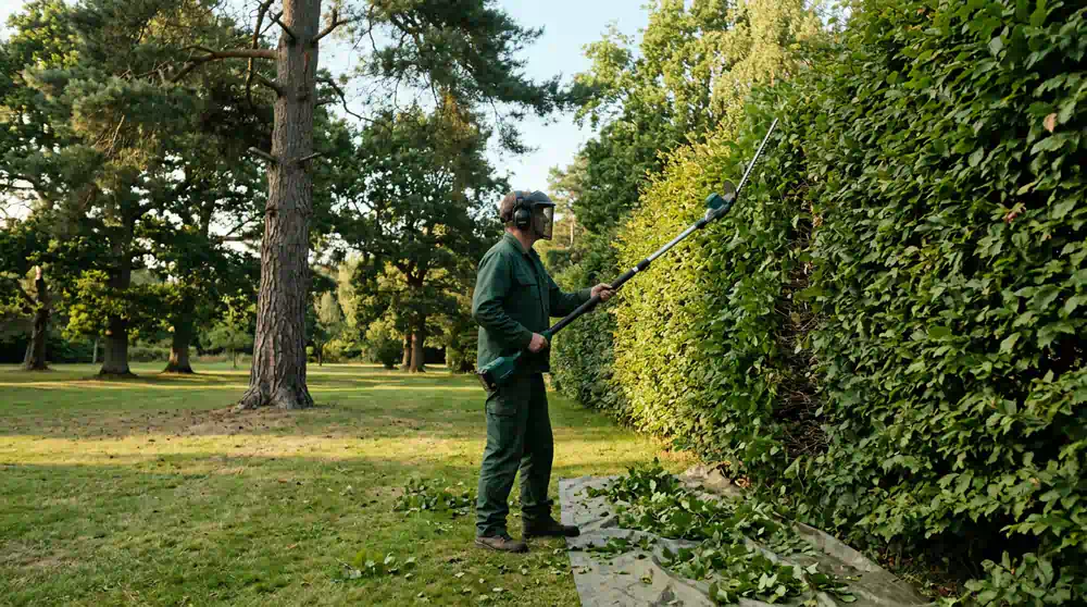 hohe Hainbuchenhecke wird mit Stab-Heckenschere geschnitten, Heckenschnitt in Kleinmachnow von Pro Baumpflege Potsdam
