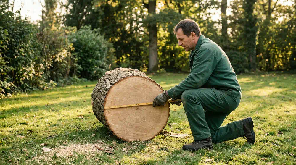 Baumpfleger misst den Durchmesser der Schnittfläche eines gefällten Stamms mit dem Zollstock, Baumpflege-Kosten in Potsdam von Pro Baumpflege Potsdam