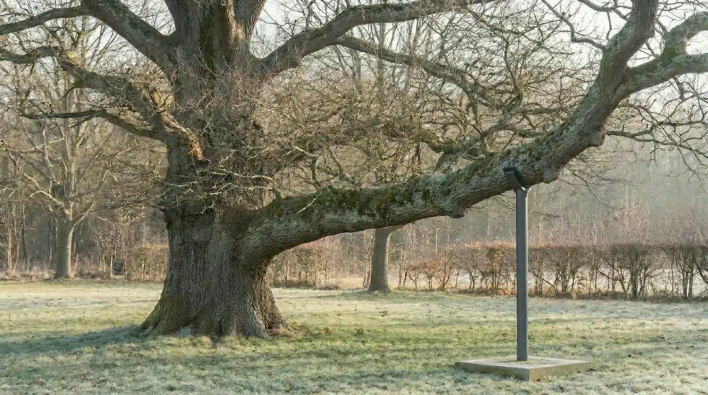 Alte Eiche im Winter, deren langer waagerechter Ast auf einem schmalen Stahlpfosten ruht, Baumpflege und Kronensicherung in Potsdam von Pro Baumpflege Potsdam