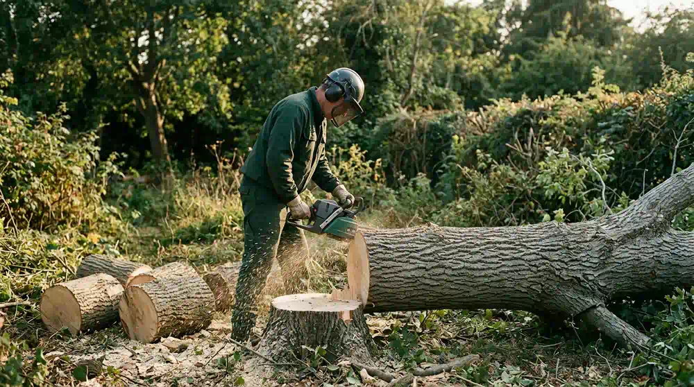 Baumfällung in Lichtenrade: Arbeiter zersägt einen gefällten Eschenstamm – Pro Baumpflege Potsdam Arbeiter zersägt einen gefällten Eschenstamm in schwere Stücke, Baumfällung in Lichtenrade von Pro Baumpflege Potsdam