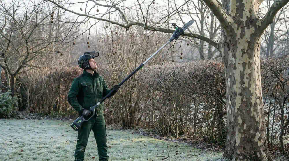 Baumpfleger kürzt im Winter mit der Akku-Stabsäge einen dünnen Ast einer kahlen Platane, Baumschnitt in Lichterfelde von Pro Baumpflege Potsdam