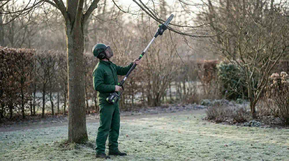 Baumpfleger kürzt im Winter mit der Akku-Stabsäge einen dünnen Ast einer kahlen Linde, Baumschnitt in Marienfelde von Pro Baumpflege Potsdam