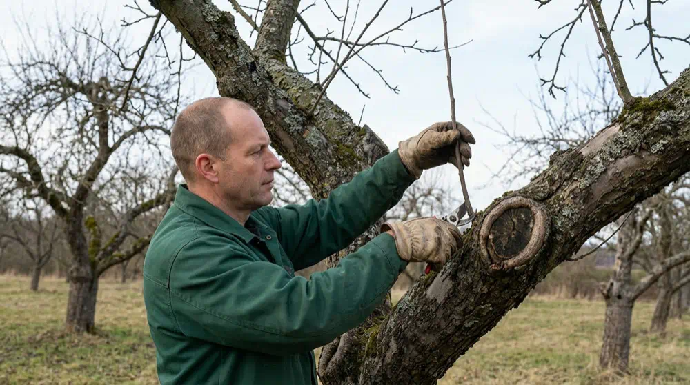 Baumpfleger setzt im Winter die Gartenschere an einem Wasserschoss eines alten kahlen Apfelbaums an, Obstbaumschnitt in Potsdam von Pro Baumpflege Potsdam