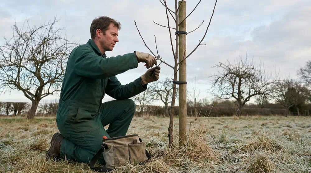 Baumpfleger kniet im Winter am jungen kahlen Apfelbaum und schneidet mit der Gartenschere einen Trieb, Obstbaumschnitt in Potsdam von Pro Baumpflege Potsdam