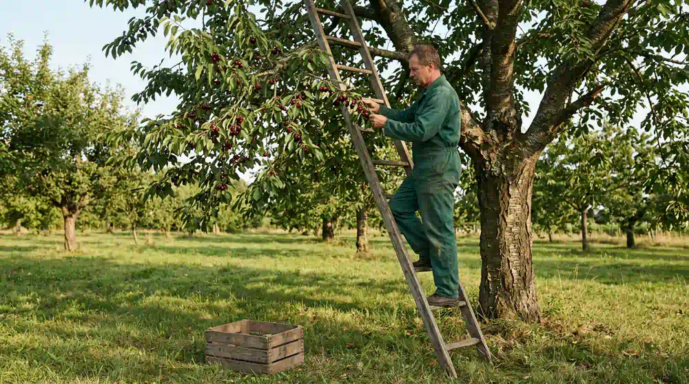 Obstbaumschnitt in Werder (Havel): Baumpfleger prüft einen Kirschbaum voller Früchte – Pro Baumpflege Potsdam Baumpfleger prüft einen Kirschbaum voller Früchte, Obstbaumschnitt in Werder (Havel) von Pro Baumpflege Potsdam