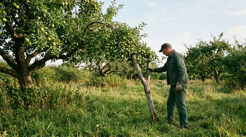 Holzstütze unter einem schwer tragenden Apfelast, Obstbaumschnitt in Potsdam von Pro Baumpflege Potsdam
