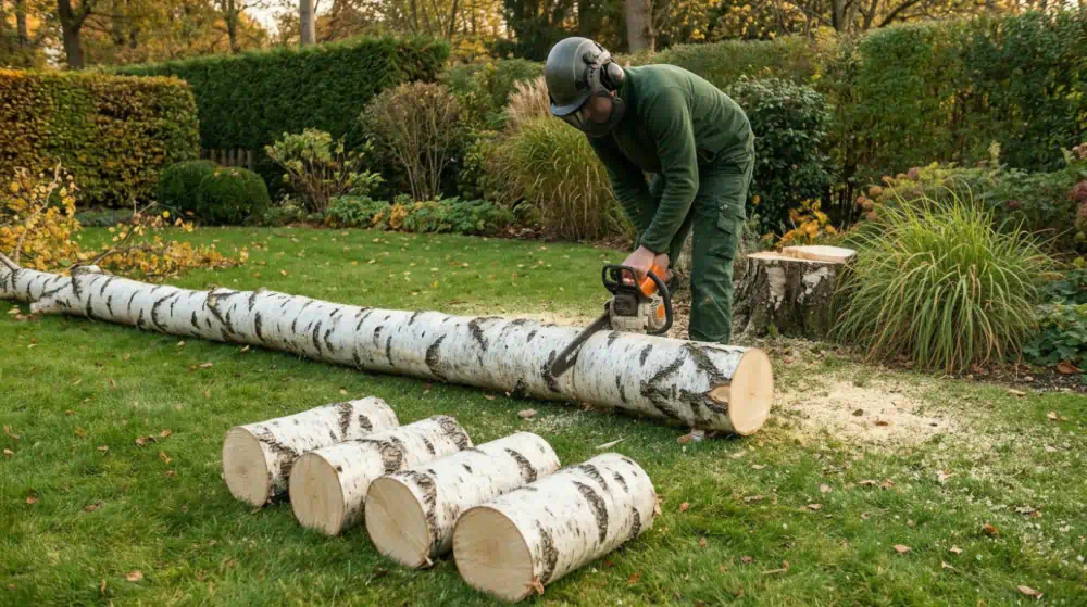 Arbeiter mit heruntergeklapptem Visier zersägt einen gefällten Birkenstamm in gleich lange Stücke von 50 cm, Baumfällung in Spandau von Pro Baumpflege Potsdam