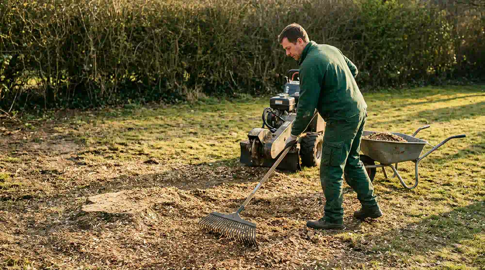 Stubben fräsen in Potsdam: Holzspäne nach dem Stubbenfräsen werden geharkt – Pro Baumpflege Potsdam Holzspäne nach dem Stubbenfräsen werden geharkt, Stubben fräsen in Potsdam von Pro Baumpflege Potsdam
