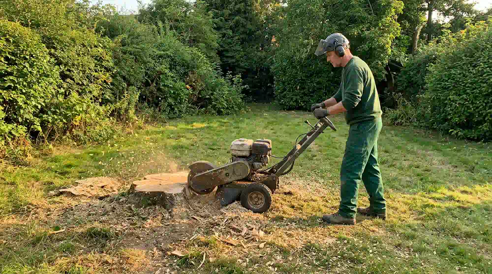 Arbeiter mit Visier und Gehörschutz fräst mit der Stubbenfräse einen Baumstumpf im Rückgarten, Stubben fräsen in Potsdam von Pro Baumpflege Potsdam
