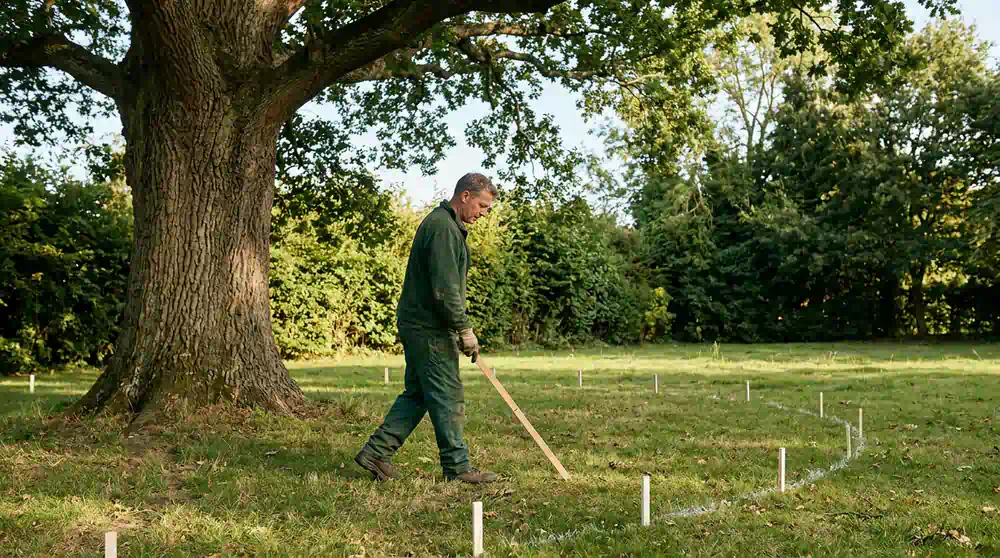 Stubben fräsen in Potsdam: Wurzelbereich einer Eiche wird mit Stäben markiert – Pro Baumpflege Potsdam Wurzelbereich einer Eiche wird mit Stäben markiert, Stubben fräsen in Potsdam von Pro Baumpflege Potsdam