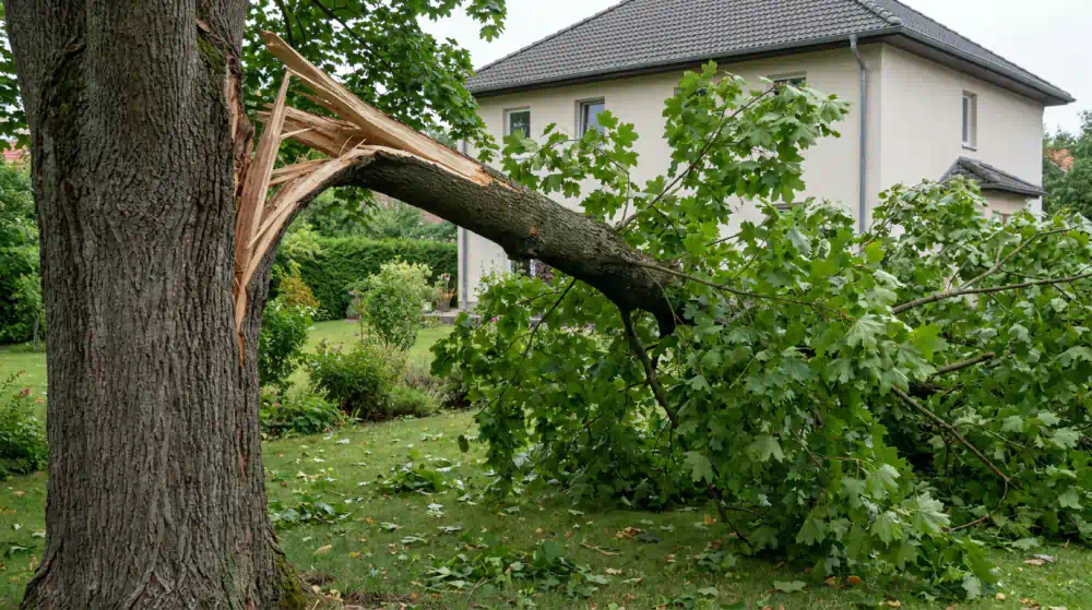Vom Sturm abgespaltener Ast hängt an Splittern am Stamm eines Ahorns im Garten, hängende Äste nach Sturm in Potsdam sichern mit Pro Baumpflege Potsdam