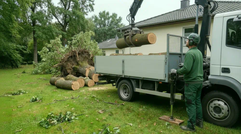 Ladekran hebt nach dem Sturm ein dickes Stammstück einer entwurzelten Eiche auf einen Lkw mit Bordwänden, Sturmschaden in Potsdam aufräumen mit Pro Baumpflege Potsdam