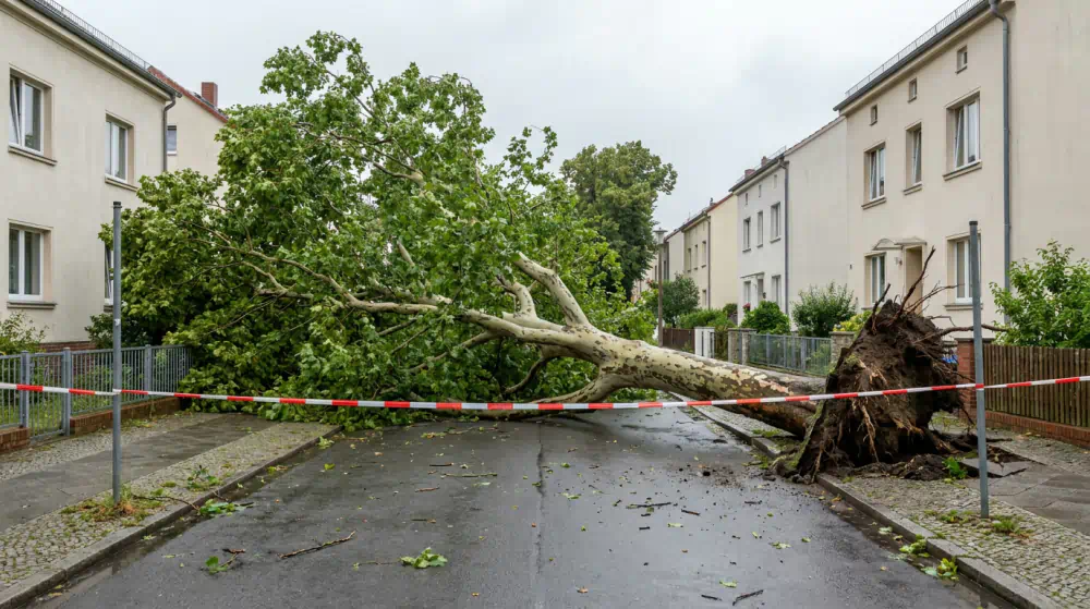 Vom Sturm entwurzelte Platane liegt quer über einer Wohnstraße, davor rot-weißes Absperrband, Sturmschaden in Potsdam mit Pro Baumpflege Potsdam