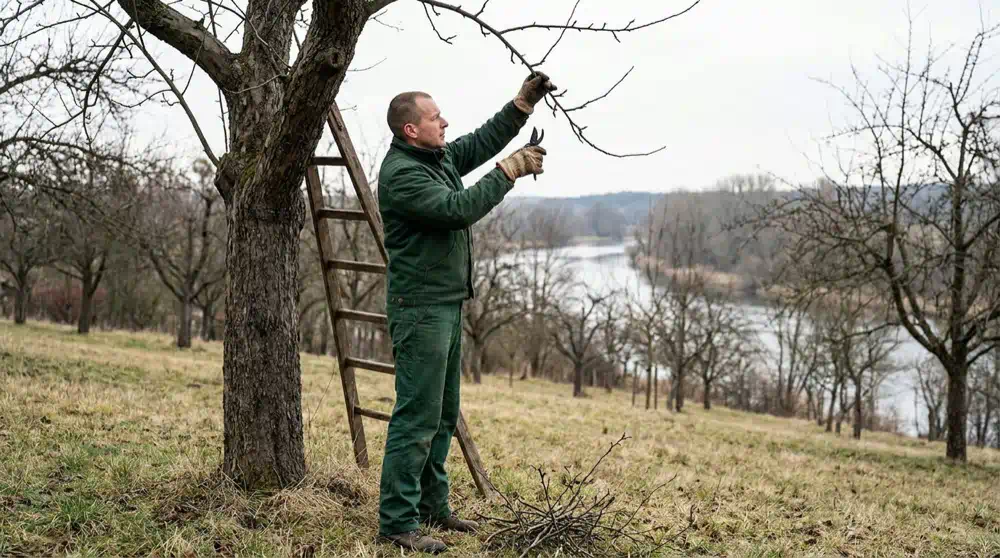 Baumpfleger schneidet im Winter einen Trieb im kahlen alten Apfelbaum auf der Streuobstwiese über der Havel, Obstbaumschnitt in Werder (Havel) von Pro Baumpflege Potsdam