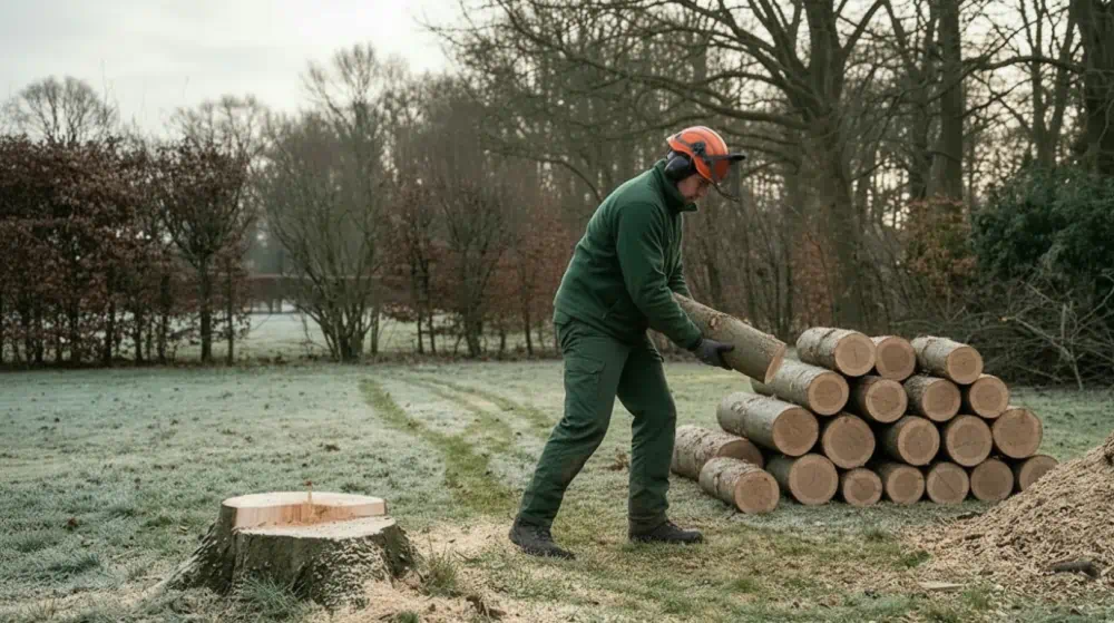 Baumpfleger stapelt nach der Fällung kurze Buchenstammstücke neben dem frischen Stubben, Baumfällung in Westend von Pro Baumpflege Potsdam