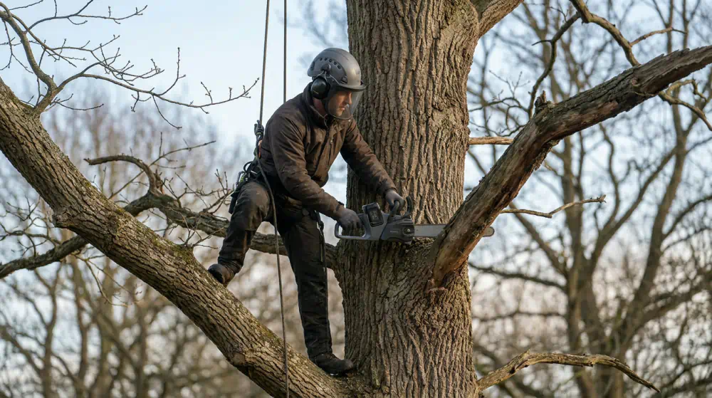Baumkletterer mit heruntergeklapptem Visier sägt im Winter an einer alten Eiche einen toten Ast direkt am Stamm ab, Baumpflege in Zehlendorf von Pro Baumpflege Potsdam