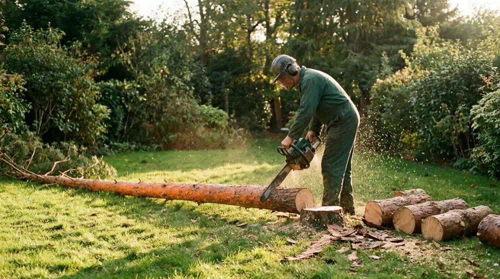 Baumfällung in Zehlendorf: Arbeiter sägt einen liegenden Kiefernstamm in Stücke – Pro Baumpflege Potsdam Arbeiter sägt einen am Boden liegenden Kiefernstamm in schwere Stücke, Baumfällung in Zehlendorf von Pro Baumpflege Potsdam